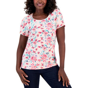 Karen Scott Medium Petite Pink Floral Tulerie Toss Scoop-Neck Top NWT